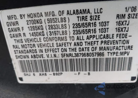 2006 Honda Odyssey Ex-L z USA, uszkodzony, nr VIN 5FNRL38796B057986